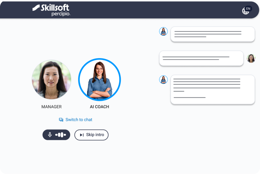 Skillsoft Percipio CAISY AI simulator interface showing a manager and AI coach guiding real-world skills management practice through interactive conversation and scenario-based learning.